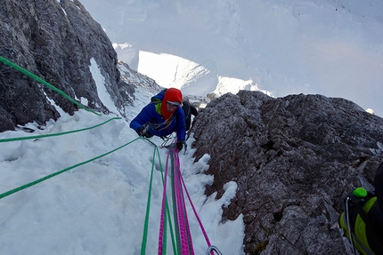 Cima Tosa, Brenta Dolomites, Ines Papert, Luka Lindič - Luka Lindič seconding Ines Papert while making the first repeat of Selvaggia sorte, Cima Tosa (Brenta Dolomites)