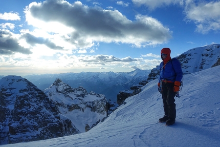 Cima Tosa, Brenta Dolomites, Luka Lindič, Fabian Buhl - Luka Lindič on the top of Sau hladno! on Cima Tosa, Brenta Dolomites, first ascended with Fabian Buhl