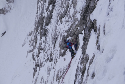 Cima del Focobon, Dolomites, Simone Banal, Alessandro Beber - La Bella, Cima del Focobon, Dolomites: Alessandro Beber and Simone Banal at the belay