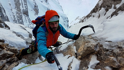 Pelmo Dolomites, Pelmoon, Enrico Geremia, Fabrizio della Rossa, Daniele Geremia - Pelmoon, Pelmo, Dolomites: Fabrizio della Rossa reaches the belay of the second hard pitch