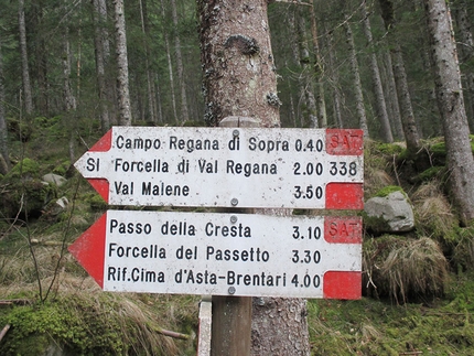 Val Regana, Cima d'Asta, Francesco Lamo - Rigola Occulta in Val Regana: cartellonistica alla fine della mulattiera