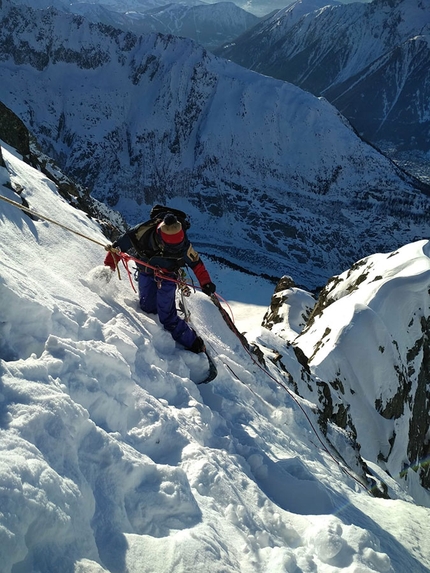 Les Drus, Mont Blanc , Julien Herry, Laurent Bibollet - Julien Herry on one of the two abseils on Triple Couloir, Les Drus