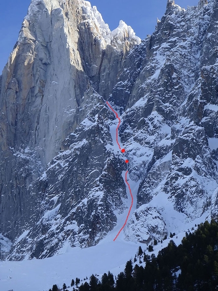 Les Drus, Mont Blanc , Julien Herry, Laurent Bibollet - Les Drus and the line of Triple Couloir descended by Julien Herry and Laurent Bibollet on 22/01/2019