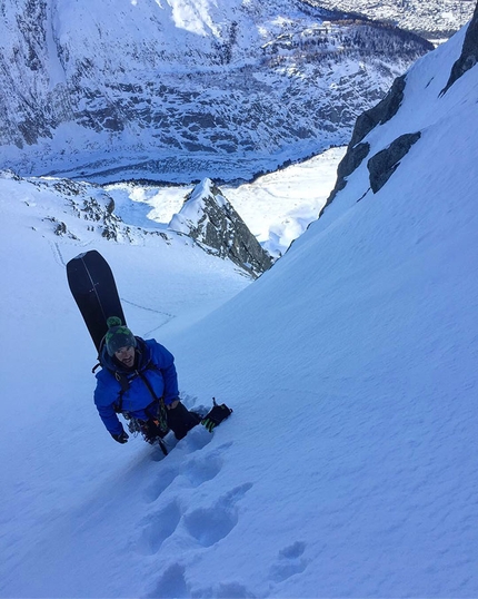 Les Drus, Mont Blanc , Julien Herry, Laurent Bibollet - Laurent Bibollet ascending the slopes of Les Drus before snowboarding down the Triple Couloir with Julien Herry