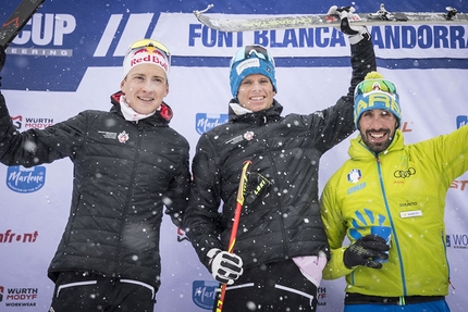 Coppa del Mondo di Scialpinismo 2019 - La seconda tappa della Coppa del Mondo di Scialpinismo 2019 ad Andorra: podio Vertical. 2. Rémi Bonnet (SUI) 1. Werner Marti (SUI) 3. Robert Antonioli (ITA)