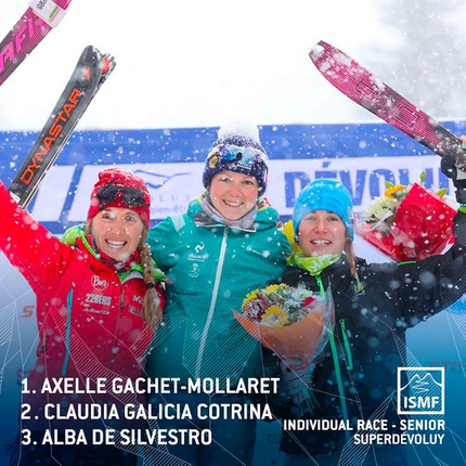 Coppa del Mondo di Scialpinismo 2019 - La terza tappa della Coppa del Mondo di Scialpinismo 2019 a Le Dévoluy: Individual. 2. Claudia Galicia Cotrina (ESP) 1. Axelle Gachet Mollaret (FRA) 3. Alba De Silvestro (ITA)