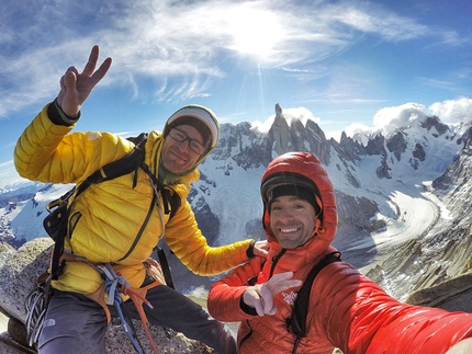 Aguja de la S, Fitz Roy, Patagonia, Iker Pou, Eneko Pou - Iker Pou and Eneko Pou ion the summit of their new climb Haizea, Aguja de la S, Fitz Roy, Patagonia (01/2019).  Cerro Torre in the background.