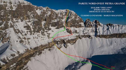 Pietra Grande, Brenta Dolomites, Claudio Lanzafame, Marco Maganzini - The line of True Love up the NW Face of Pietra Grande, Brenta Dolomites (Claudio Lanzafame, Marco Maganzini 20/12/2018)