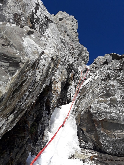 Pizzo Porola, Alpi Orobie, Marco Birolini, Ennio Spiranelli - Durante l'apertura di 80 Primavere, Pizzo Porola parete est (Marco Birolini, Ennio Spiranelli 25/01/2019)