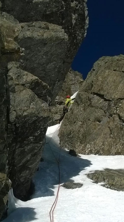 Pizzo Porola, Alpi Orobie, Marco Birolini, Ennio Spiranelli - Durante l'apertura di 80 Primavere, Pizzo Porola parete est (Marco Birolini, Ennio Spiranelli 25/01/2019)