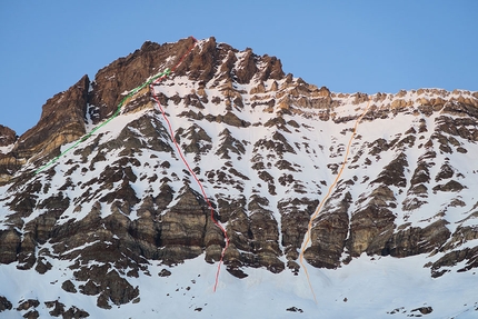 Pizzo Malenco, Valentino Cividini, Elia Negrini - Pizzo Malenco parete sud. Giallo: Couloir Pizzo Malenco. Rosso: Via degli Amici (Valentino Cividini, Elia Negrini 19/02/2019. Verde: Alfredo Corti (9/07/1929)