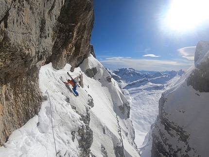 Brenta Dolomites, Pietra Grande, Andrea Cozzini, Claudio Lanzafame - Andrea Cozzini on the traverse while making the first ski descent of the south face of Pietra Grande, Brenta Dolomites, on 14/02/2019