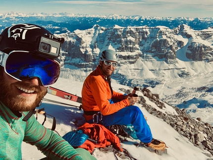 Brenta Dolomites, Pietra Grande, Andrea Cozzini, Claudio Lanzafame - Andrea Cozzini and Claudio Lanzafame on the summit prior to making the first ski descent of the south face of Pietra Grande, Brenta Dolomites, on 14/02/2019