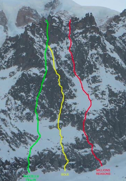 Aiguille de la Brenva, Mont Blanc, Ezio Marlier, Gianpaolo Ducly - Red: Million Reasons, Aiguille de la Brenva, Mont Blanc (Gianpaolo Ducly, Ezio Marlier 12/2018). Yellow: Sole. Green: the route established by Matteo Pellin and Rudy Buccella