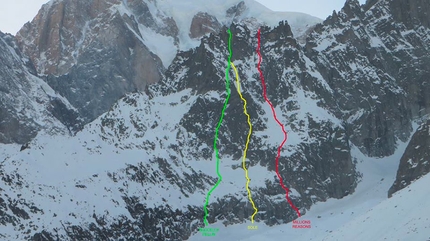 Aiguille de la Brenva, Monte Bianco, Ezio Marlier, Gianpaolo Ducly - In giallo la via Sole, Aiguille de la Brenva, Monte Bianco (Gianpaolo Ducly, Ezio Marlier 12/2018). In rosso invece la via Million Reasons, in verde la via di Matteo Pellin e Rudy Buccella