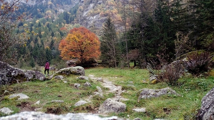 Val di Mello - Val di Mello: the path of the left bank often leads past natural obstacles such as narrowings, ancient steps at Cà di Carna, narrow passages between dry-stone walls, small side streams whose course change every year