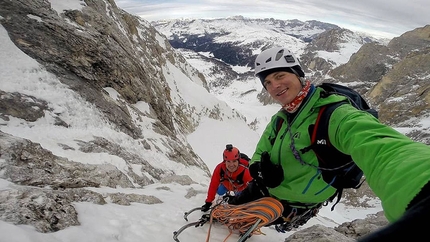 Cimon della Pala, Pale di San Martino, Dolomites, Giuseppe Vidoni, Gabriele Colomba - Giuseppe Vidoni and Gabriele Colomba at the belay of th crux pitch of Via degli Allievi on Cimon della Pala, Pale di San Martino, Dolomites on 24/02/2019