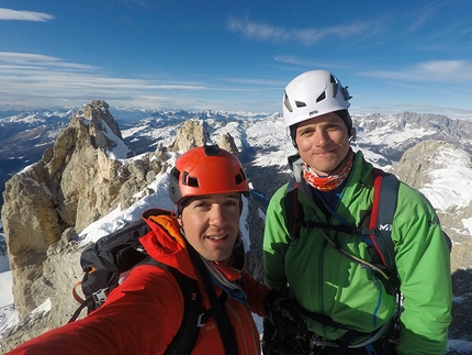 Cimon della Pala, Pale di San Martino, Dolomites, Giuseppe Vidoni, Gabriele Colomba - Giuseppe Vidoni and Gabriele Colomba on the ridge while making the first ascent of Via degli Allievi on Cimon della Pala, Pale di San Martino, Dolomites on 24/02/2019