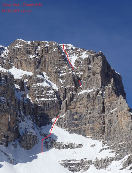 Dolomiti di Brenta Cima Tosa, Luca Dallavalle, Roberto Dallavalle  - Il tracciato della Cima Tosa Parete Est (Dolomiti di Brenta): salita e discesa con gli sci da Luca e Roberto Dallavalle il 03/03/2019