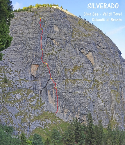 Alessandro Larcher, Silverado, Val Tovel, Dolomiti di Brenta - Il tracciato di Silverado, Cima Cee in Val Tovel, Dolomiti di Brenta. Prima salita e prima libera Luca Giupponi & Rolando Larcher 2017