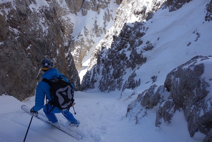 Brenta Dolomites, Cima Brenta West Couloir, Luca Dallavalle, Roberto Dallavalle - Cima Brenta West Couloir: in the gully before heading south