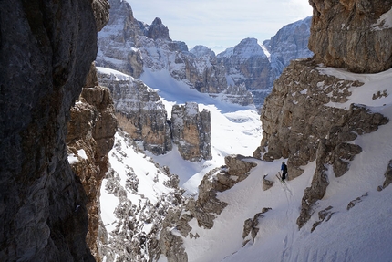 Brenta Dolomites, Cima Brenta West Gully, Luca Dallavalle, Roberto Dallavalle - Cima Brenta West Couloir skied by Luca Dallavalle and his brother Roberto on 09/03/2019. There is currently no definite information of previous ski descents of the West Gully but given how logical this line is, it may have been skied previously.