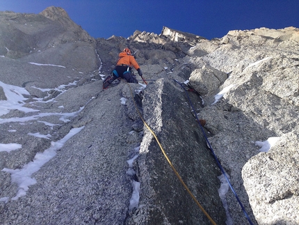 Vierge du Flambeau, Mont Blanc, Ezio Marlier - Ezio Marlier establishing pitch 5 of Miss No, Vierge du Flambeau, Mont Blanc, first ascended with Elisabetta Ceaglio in April 2017