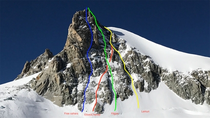 Petit Flambeau, Monte Bianco - Petit Flambeau (gruppo della Tour Ronde) Monte Bianco con le vie Free Sahara (Sergio Fiorenzano, Ezio Marlier 25/05/2018), Eliseo Cheney (Andrea Plat, Gilles Plat 04/2017), Filipini (Ezio Marlier, Cesare Pini 14/04/2017) e Lemuri (Roby Caucino, Massimo Ciarletti, Franco Delzoppo, Gianni Lanza, Alberto Tua, 02/2011)