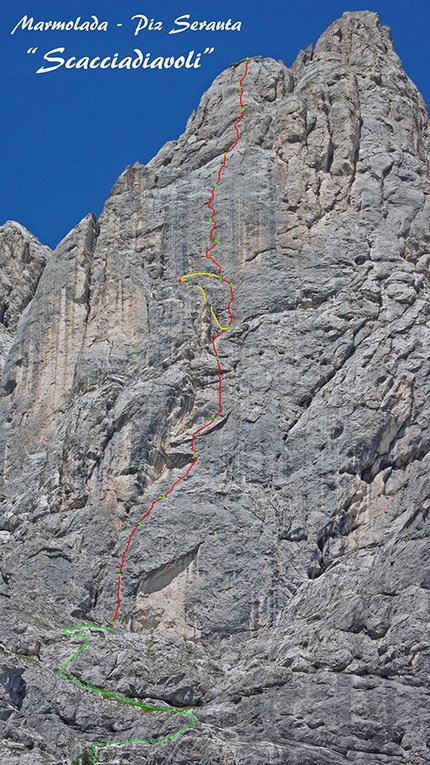 Marmolada, Dolomiti, Scacciadiavoli, Rolando Larcher, Geremia Vergoni - Il tracciato di Scacciadiavoli, Piz Serauta, Marmolada, Dolomiti di Rolando Larcher e Geremia Vergoni