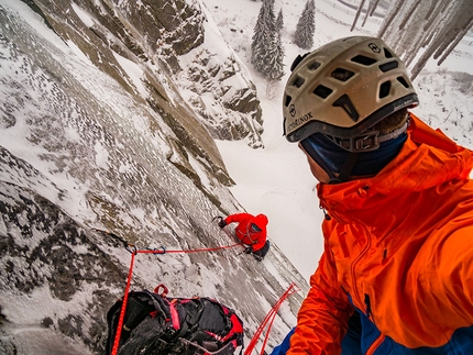 Dani Arnold, Schöllenenschlucht - Dani Arnold and Martin Echser making the first ascent of Uristier Schöllenen (WI6+/M8) in the Schöllenen Gorge, Switzerland