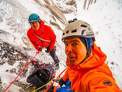 Dani Arnold, Schöllenenschlucht - Dani Arnold and Martin Echser making the first ascent of Uristier Schöllenen (WI6+/M8) in the Schöllenen Gorge, Switzerland