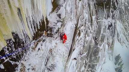 Dani Arnold, Schöllenenschlucht - Dani Arnold making the first ascent of Uristier Schöllenen (WI6+/M8) in the Schöllenen Gorge, Switzerland with Martin Echser.