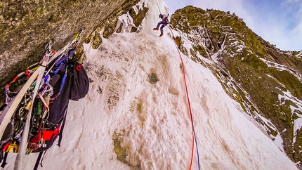 Dani Arnold, Schöllenenschlucht - Dani Arnold making the first ascent of Uristier Schöllenen (WI6+/M8) in the Schöllenen Gorge, Switzerland with Martin Echser.