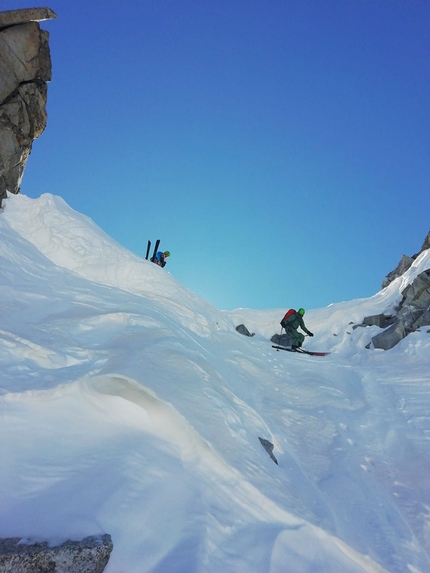 Punta dell’Orco, Adamello, Alessandro Beber, Claudio Lanzafame, Marco Maganzini - First turns for Claudio Lanzafame in the Canale dell’Orco on Punta dell’Orco above Val Genova in the Adamello group (Alessandro Beber, Claudio Lanzafame, Marco Maganzini 22/03/2019)