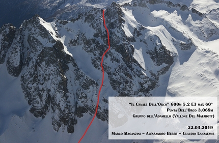 Punta dell’Orco, Adamello, Alessandro Beber, Claudio Lanzafame, Marco Maganzini - The line of Canale dell’Orco on Punta dell’Orco above Val Genova in the Adamello group, skied by Alessandro Beber, Claudio Lanzafame and Marco Maganzini on 22/03/2019