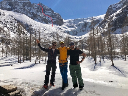 Punta dell’Orco, Adamello, Alessandro Beber, Claudio Lanzafame, Marco Maganzini - Alessandro Beber, Marco Maganzini and Claudio Lanzafame after having skied Canale dell’Orco on Punta dell’Orco above Val Genova in the Adamello group on 22/03/2019