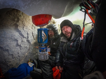 Jannu East Face, Dmitry Golovchenko, Sergey Nilov, Unfinished Sympathy - Jannu East Face: Sergey Nilov and Dmitry Golovchenko at a bivy in a crevasse while making the first ascent of Unfinished Sympathy
