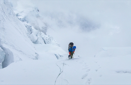Jannu East Face, Dmitry Golovchenko, Sergey Nilov, Unfinished Sympathy - Jannu East Face: Sergey Nilov attempting to reach the col on 30 March 2019 during the first ascent of Unfinished Sympathy with Dmitry Golovchenko