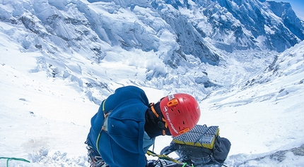 Jannu East Face, Dmitry Golovchenko, Sergey Nilov, Unfinished Sympathy - Jannu East Face: an avalanche races down onto the icefall, view from circa 6100m
