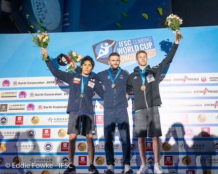 Bouldering World Cup 2019 - 2. Tomoa Narasaki 1. Manuel Cornu 3. Anze Peharc: Chongqing Bouldering World Cup 2019