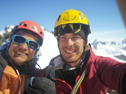 Piz Buin Silvretta - Rosa Morotti and Tito Arosio after having established a new route up the East Face of Piz Buin, Silvretta, on 31/03/2019