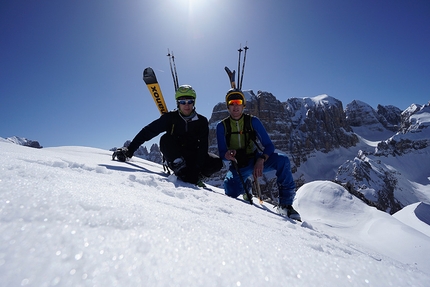 Brenta Dolomites - Luca Dallavalle and his brother Roberto Dallavalle on the summit of Crozzon di Val d'Agola, Brenta Dolomites