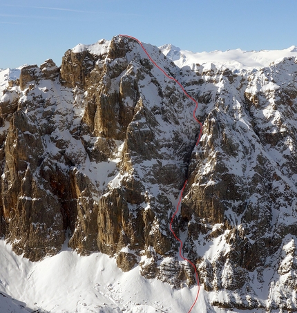 Brenta Dolomites - Crozzon di Val d'Agola in the Brenta Dolomites and the line skied on 01/05/2019 by Luca Dallavalle and his brother Roberto Dallavall. The photo was taken in February from Foto di febbraio fatta Cima Mandròn