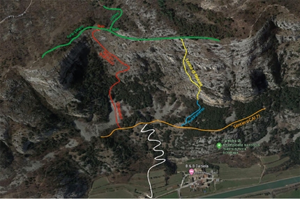 Leone di Nemea, Monte Cordespino, Val d'Adige - La discesa di Leone di Nemea sulle Bastionate di Tessari, Monte Cordespino, Valdadige (Mario Brighente, Christian Confente, Manuel Leorato)