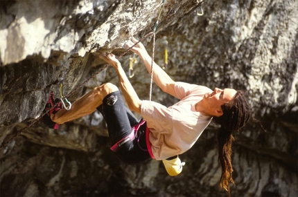 Ben Moon - Ben Moon climbing Hubble, his masterpiece at Raven Tor, England first ascended in 1990