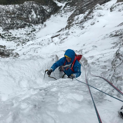 Bischofsmütze, Vittorio Messini, Matthias Wurzer, Hans Zlöbl - Hans Zlöbl making the first ascent of Kitchen Window, Bischofsmütze North Face, East Tyrol