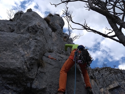 Monte Spil Vallarsa - La prima salita di Via dell’Eredità sulla parete Sojo del Filister del Monte Spil in Vallarsa (Emanuele Menegardi, Stefano Menegardi)