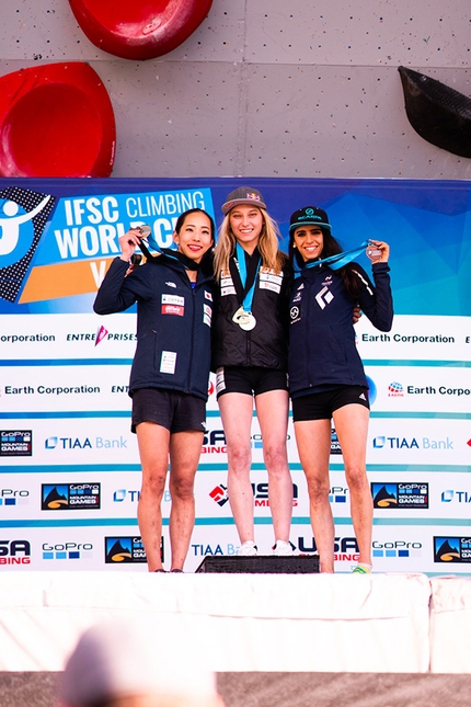 Coppa del Mondo Boulder 2019, Vail - 2. Akiyo Noguchi 1. Janja Garnbret 3. Fanny Gibert, podio femminile della Coppa del Mondo Boulder 2019