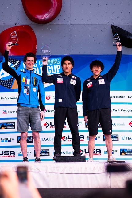 Bouldering World Cup 2019, Vail - 2. Adam Ondra 1. Tomoa Narasaki 3. Yoshiyuki Ogata, male podium of the 2019 Bouldering World Cup