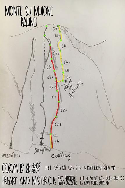 Arrampicata in Sardegna - Monte su Mulone, Sardegna: Corvalis e Freaky and mysterious (Richard Felderer, Jan Hrnčíř, Jan Kares, Jaro Ovcacek)